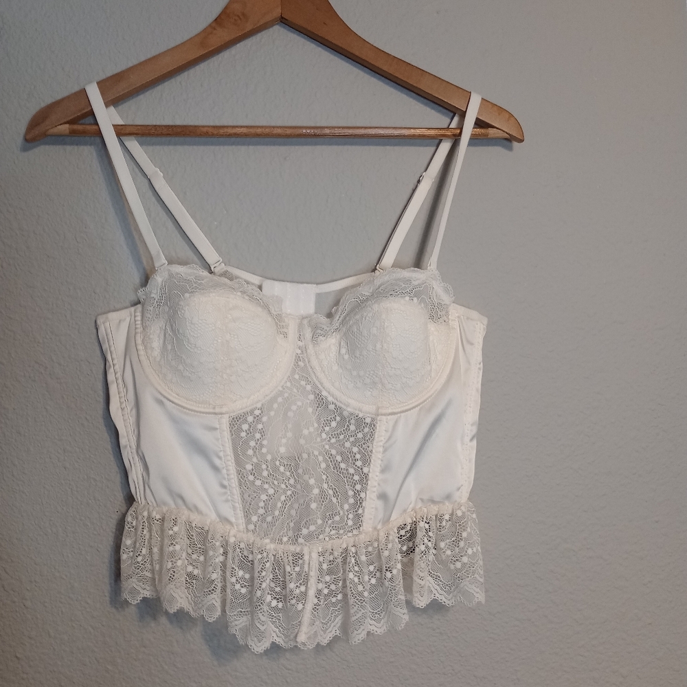 Sincerely Jules Romantic Bridal Cream Satin Sheer Lace Bustier Top Coquette